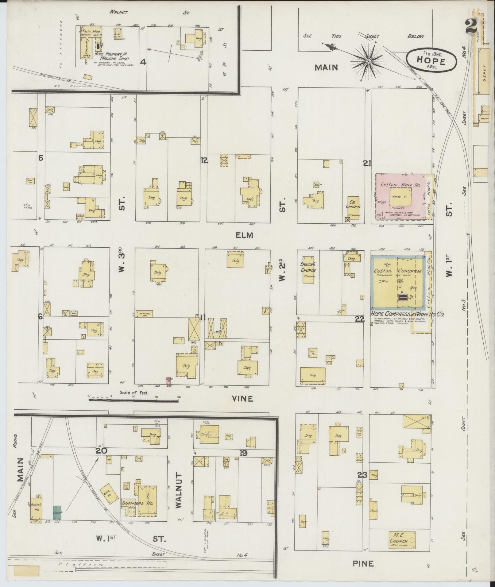 Sanborn Fire Insurance Map from Hope, Hempstead County, Arkansas (1890), Sheet #0002 - Complete Map Set gallery image, historic Sanborn map, vintage wall art, Arkansas Arkansas