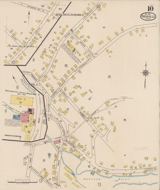 Sanborn Fire Insurance Map from Rockville, Tolland County, Connecticut (1921), Sheet #0010 - Historic Sanborn Fire Insurance Map Print, vintage old map wall art, antique decor, genealogy gift, Connecticut Connecticut map