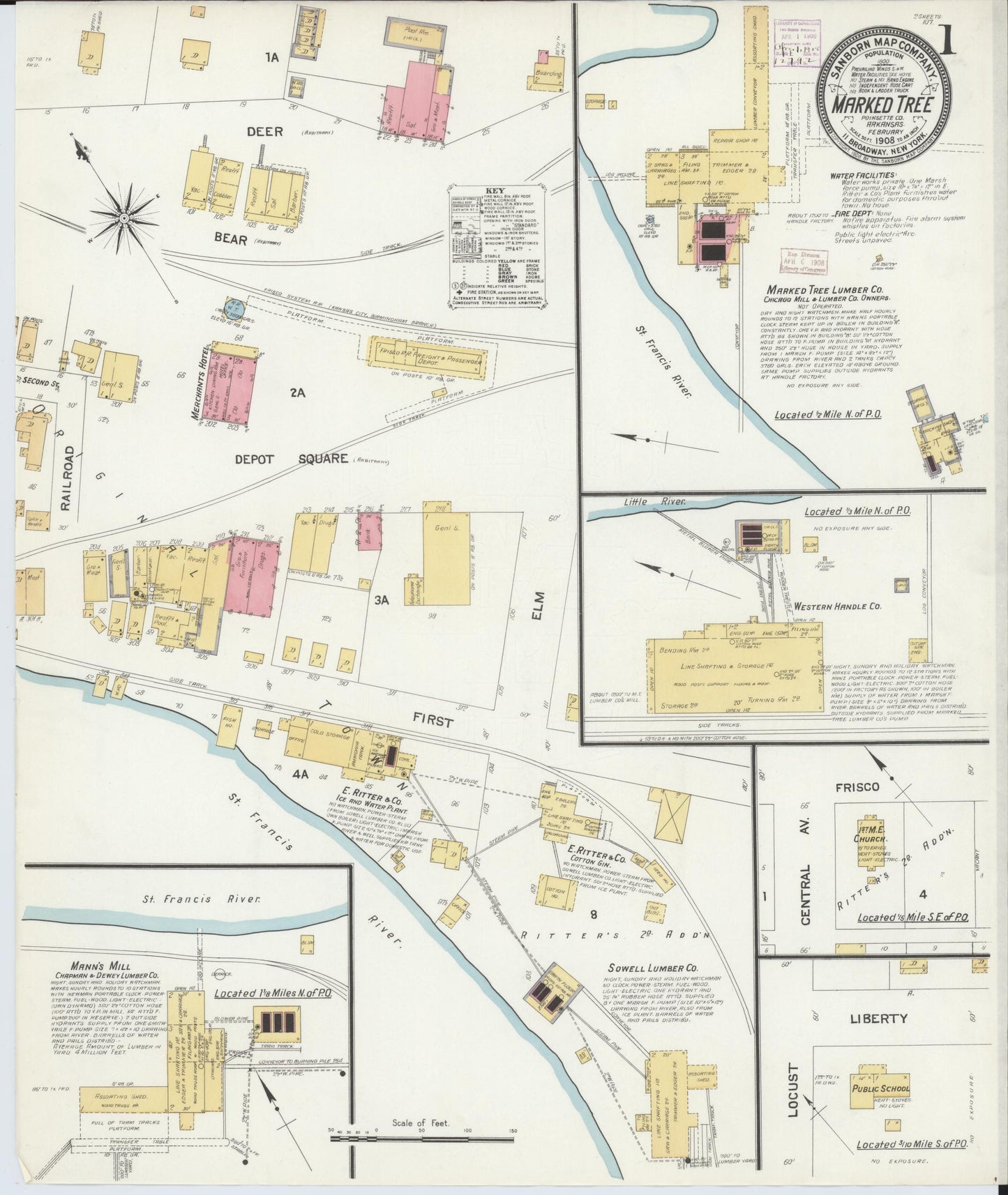 Sanborn Fire Insurance Map from Marked Tree, Poinsett County, Arkansas (1908), Sheet #0001 - Historic Sanborn Fire Insurance Map Print, vintage old map wall art, antique decor, genealogy gift, Arkansas Arkansas map