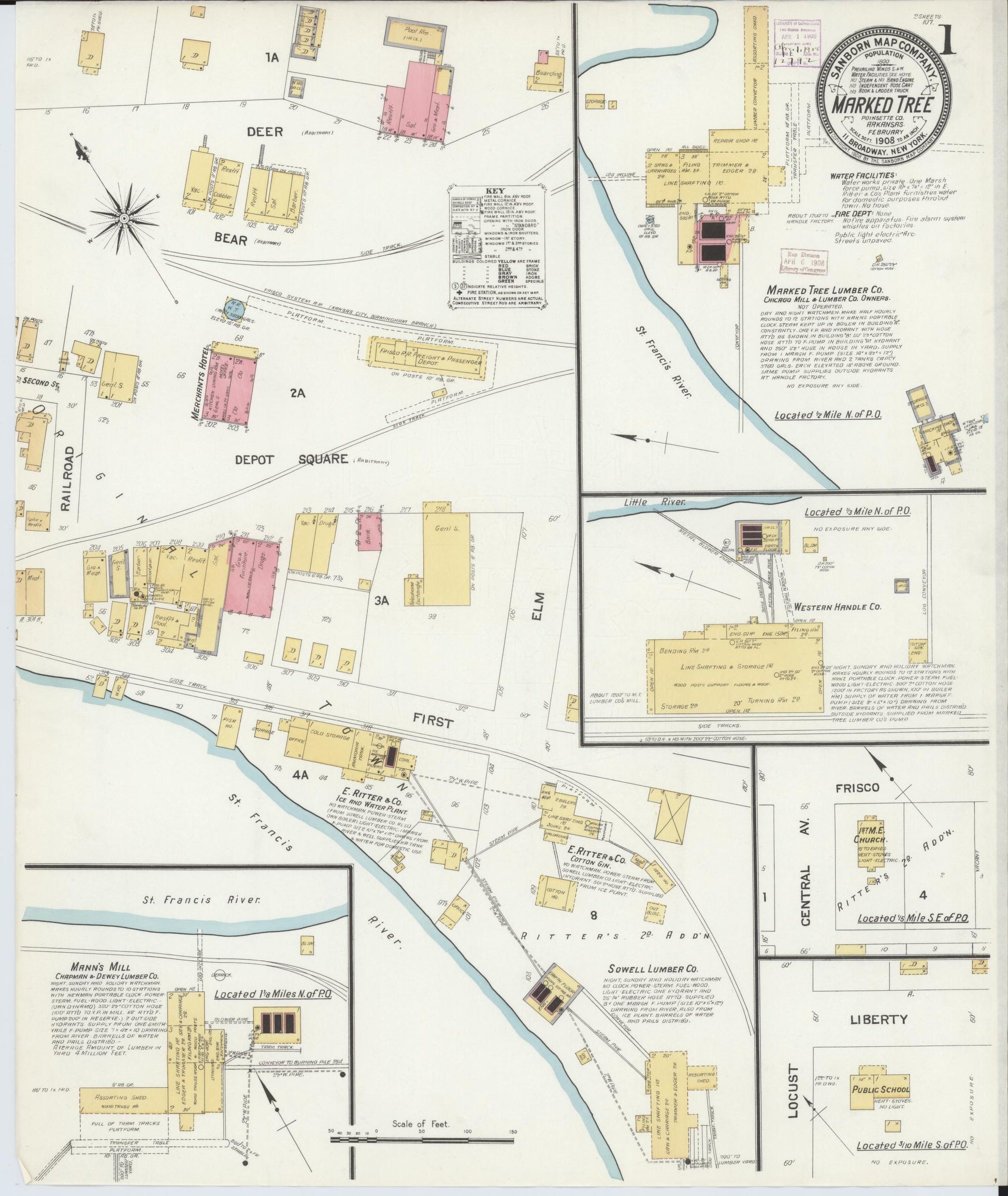 Sanborn Fire Insurance Map from Marked Tree, Poinsett County, Arkansas (1908), Sheet #0001 - Historic Sanborn Fire Insurance Map Print, vintage old map wall art, antique decor, genealogy gift, Arkansas Arkansas map