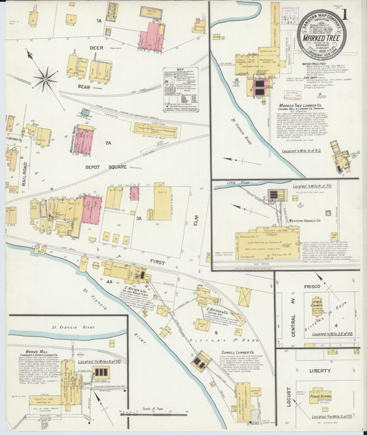 Sanborn Fire Insurance Map from Marked Tree, Poinsett County, Arkansas (1908), Sheet #0001 - Historic Sanborn Fire Insurance Map Print, vintage old map wall art, antique decor, genealogy gift, Arkansas Arkansas map