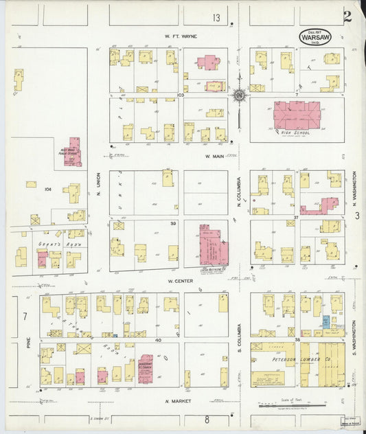 Sanborn Fire Insurance Map from Warsaw, Kosciusko County, Indiana (1917), Sheet #0002 - Historic Sanborn Fire Insurance Map Print, vintage old map wall art, antique decor, genealogy gift, Indiana Indiana map