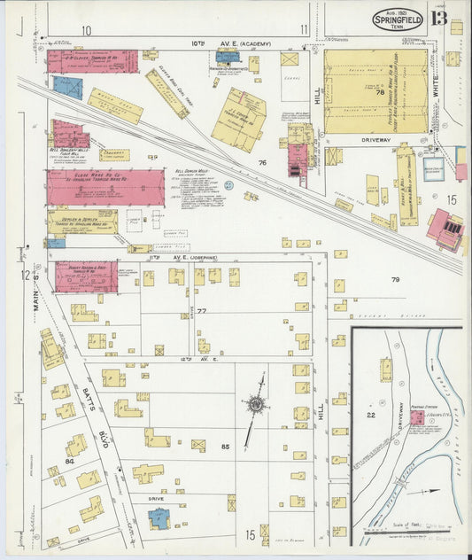 Sanborn Fire Insurance Map from Springfield, Robertson County, Tennessee (1921), Sheet #0013 - Historic Sanborn Fire Insurance Map Print, vintage old map wall art, antique decor, genealogy gift, Tennessee Tennessee map