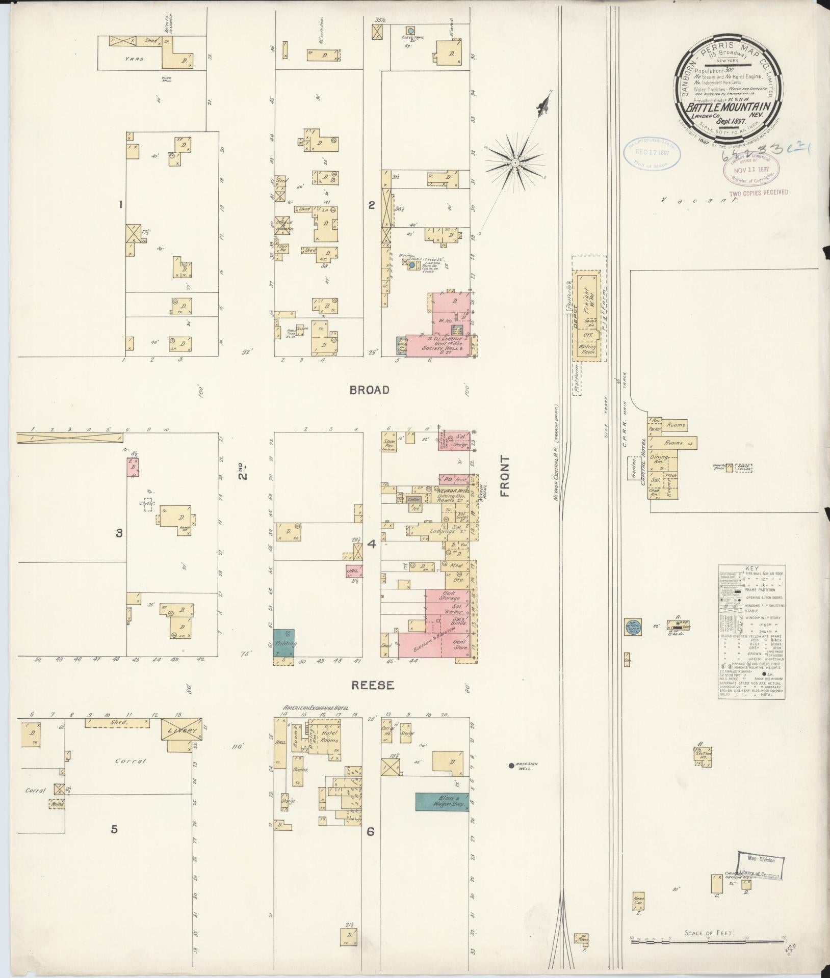 Sanborn Fire Insurance Map from Battle Mountain, Lander County, Nevada (1897), Sheet #0001 - Historic Sanborn Fire Insurance Map Print, vintage old map wall art, antique decor, genealogy gift, Nevada Nevada map