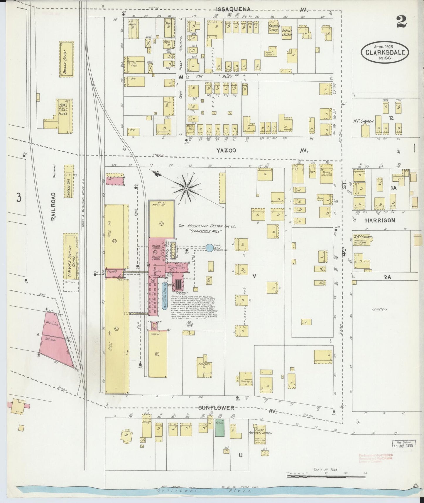 Sanborn Fire Insurance Map from Clarksdale, Coahoma County, Mississippi (1905), Sheet #0002 - Historic Sanborn Fire Insurance Map Print, vintage old map wall art, antique decor, genealogy gift, Mississippi Mississippi map