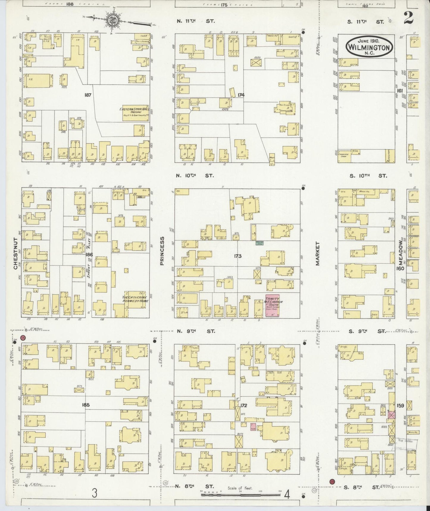 Sanborn Fire Insurance Map from Wilmington, New Hanover County, North Carolina (1910), Sheet #0002 - Historic Sanborn Fire Insurance Map Print, vintage old map wall art, antique decor, genealogy gift, North Carolina North Carolina map