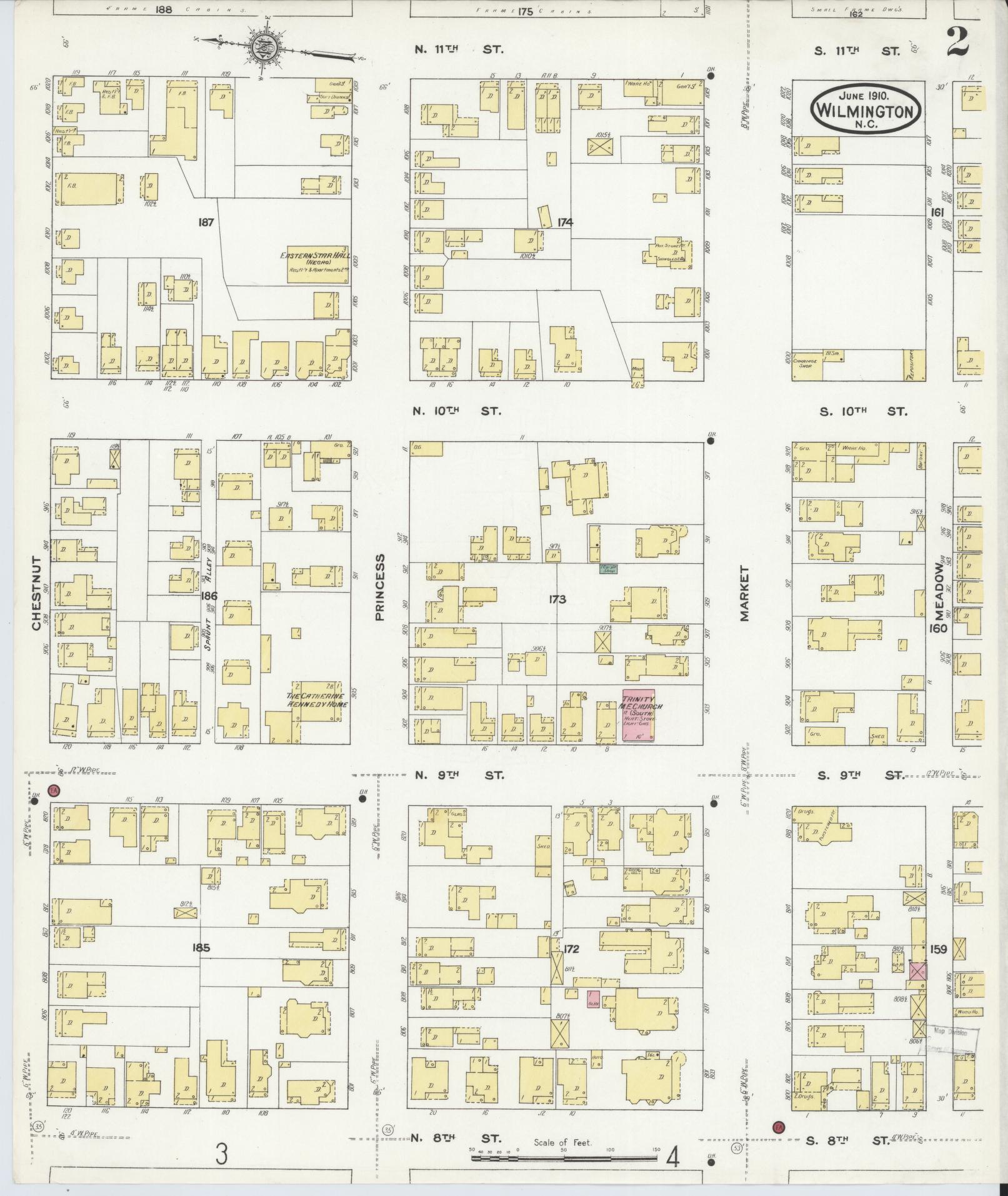 Sanborn Fire Insurance Map from Wilmington, New Hanover County, North Carolina (1910), Sheet #0002 - Historic Sanborn Fire Insurance Map Print, vintage old map wall art, antique decor, genealogy gift, North Carolina North Carolina map
