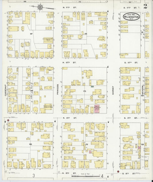 Sanborn Fire Insurance Map from Wilmington, New Hanover County, North Carolina (1910), Sheet #0002 - Historic Sanborn Fire Insurance Map Print, vintage old map wall art, antique decor, genealogy gift, North Carolina North Carolina map
