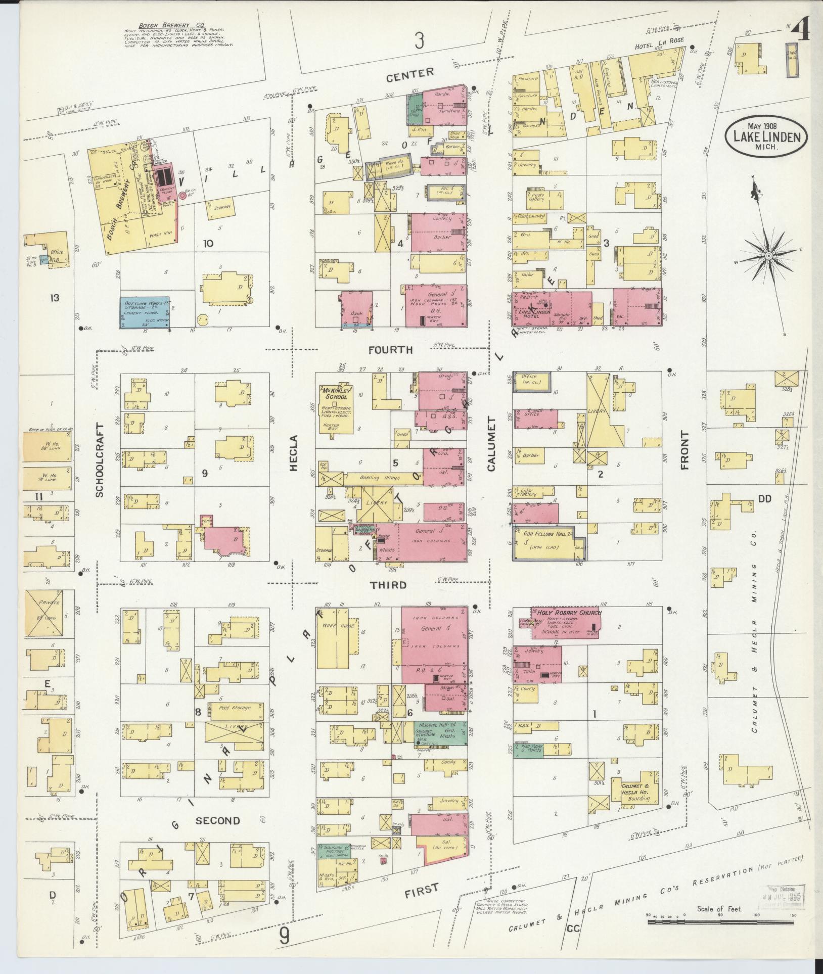 Sanborn Fire Insurance Map from Lake Linden, Houghton County, Michigan (1908), Sheet #0004 - Complete Map Set gallery image, historic Sanborn map, vintage wall art, Michigan Michigan