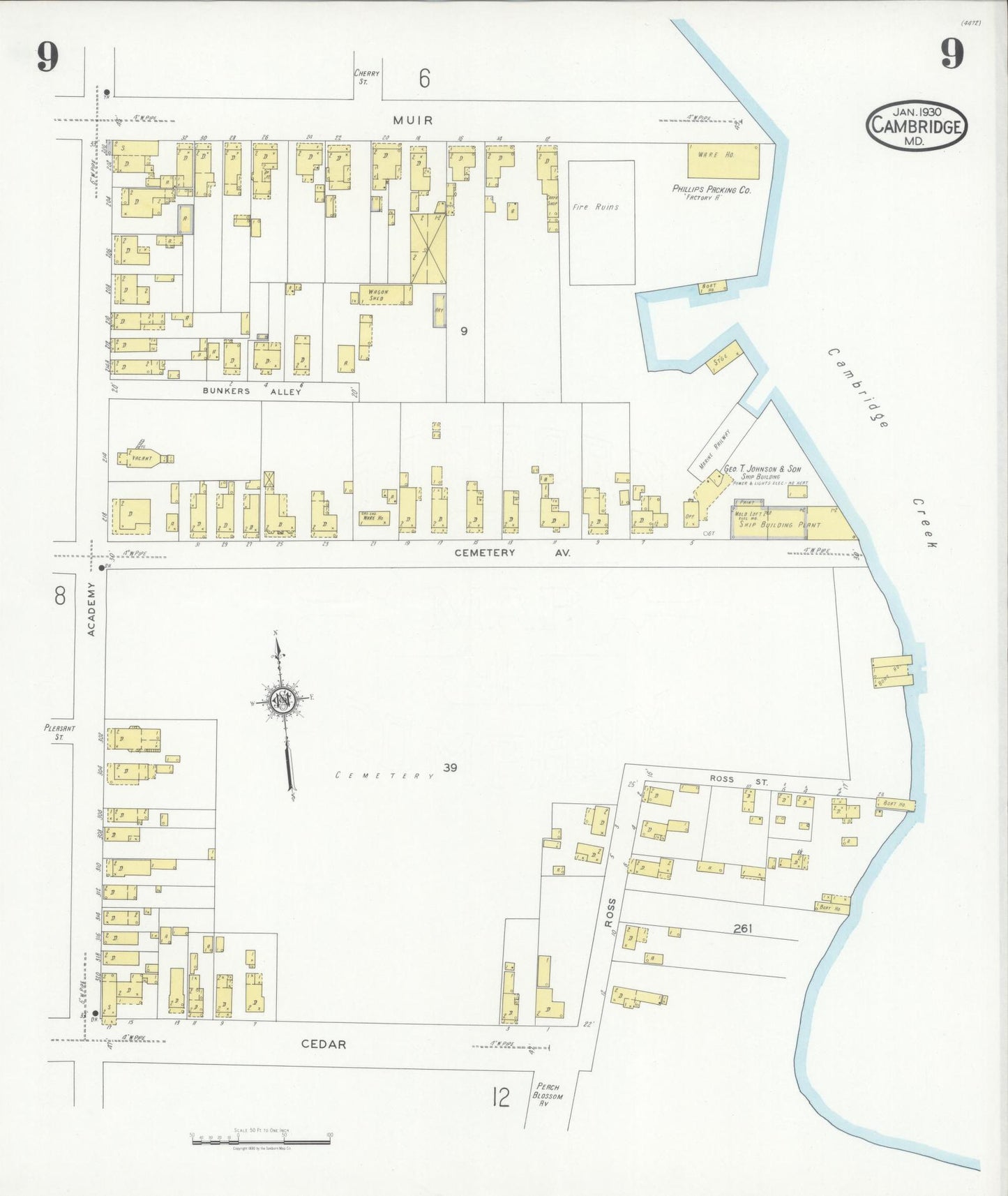 Sanborn Fire Insurance Map from Cambridge, Dorchester County, Maryland (1930), Sheet #0009 - Complete Map Set gallery image, historic Sanborn map, vintage wall art, Maryland Maryland