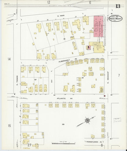 Sanborn Fire Insurance Map from Rocky Mount, Edgecombe And Nash Counties, North Carolina (1912), Sheet #0013 - Historic Sanborn Fire Insurance Map Print, vintage old map wall art, antique decor, genealogy gift, North Carolina North Carolina map