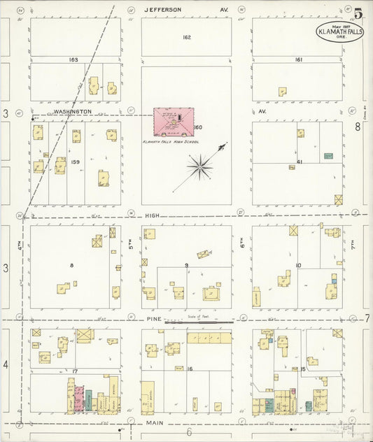 Sanborn Fire Insurance Map from Klamath Falls, Klamath County, Oregon (1907), Sheet #0005 - Historic Sanborn Fire Insurance Map Print, vintage old map wall art, antique decor, genealogy gift, Oregon Oregon map