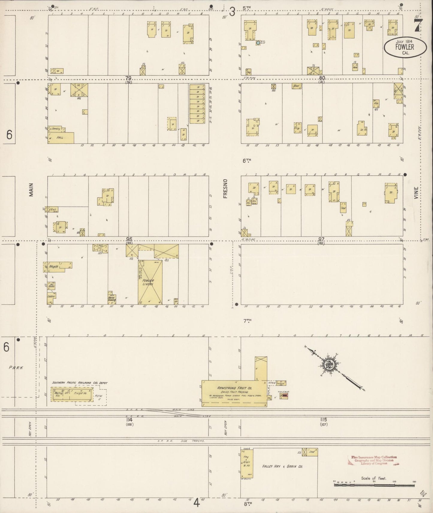 Sanborn Fire Insurance Map from Fowler, Fresno County, California (1914), Sheet #0007 - Historic Sanborn Fire Insurance Map Print, vintage old map wall art, antique decor, genealogy gift, California California map
