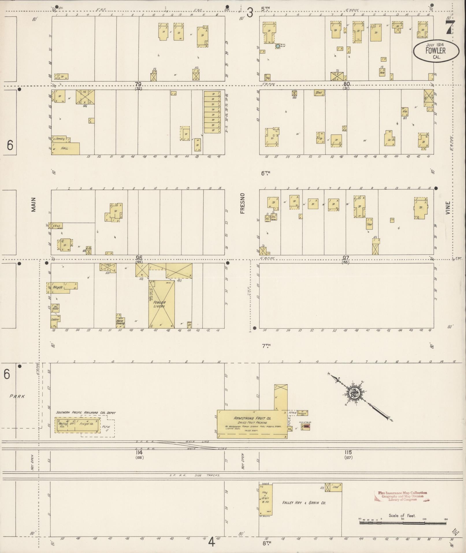 Sanborn Fire Insurance Map from Fowler, Fresno County, California (1914), Sheet #0007 - Historic Sanborn Fire Insurance Map Print, vintage old map wall art, antique decor, genealogy gift, California California map