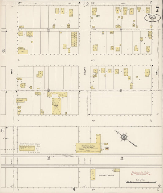 Sanborn Fire Insurance Map from Fowler, Fresno County, California (1914), Sheet #0007 - Historic Sanborn Fire Insurance Map Print, vintage old map wall art, antique decor, genealogy gift, California California map