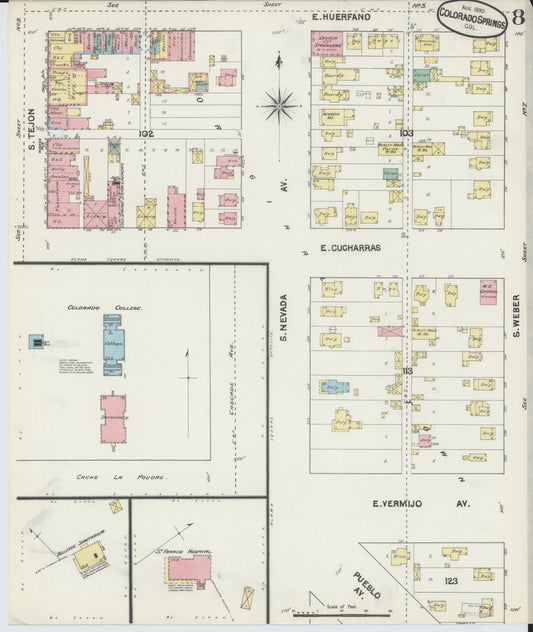 Sanborn Fire Insurance Map from Colorado Springs, El Paso County, Colorado (1890), Sheet #0008 - Historic Sanborn Fire Insurance Map Print, vintage old map wall art, antique decor, genealogy gift, Colorado Colorado map