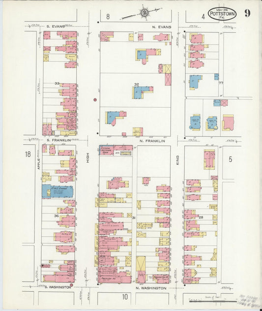 Sanborn Fire Insurance Map from Pottstown, Montgomery County, Pennsylvania (1916), Sheet #0009 - Historic Sanborn Fire Insurance Map Print, vintage old map wall art, antique decor, genealogy gift, Pennsylvania Pennsylvania map