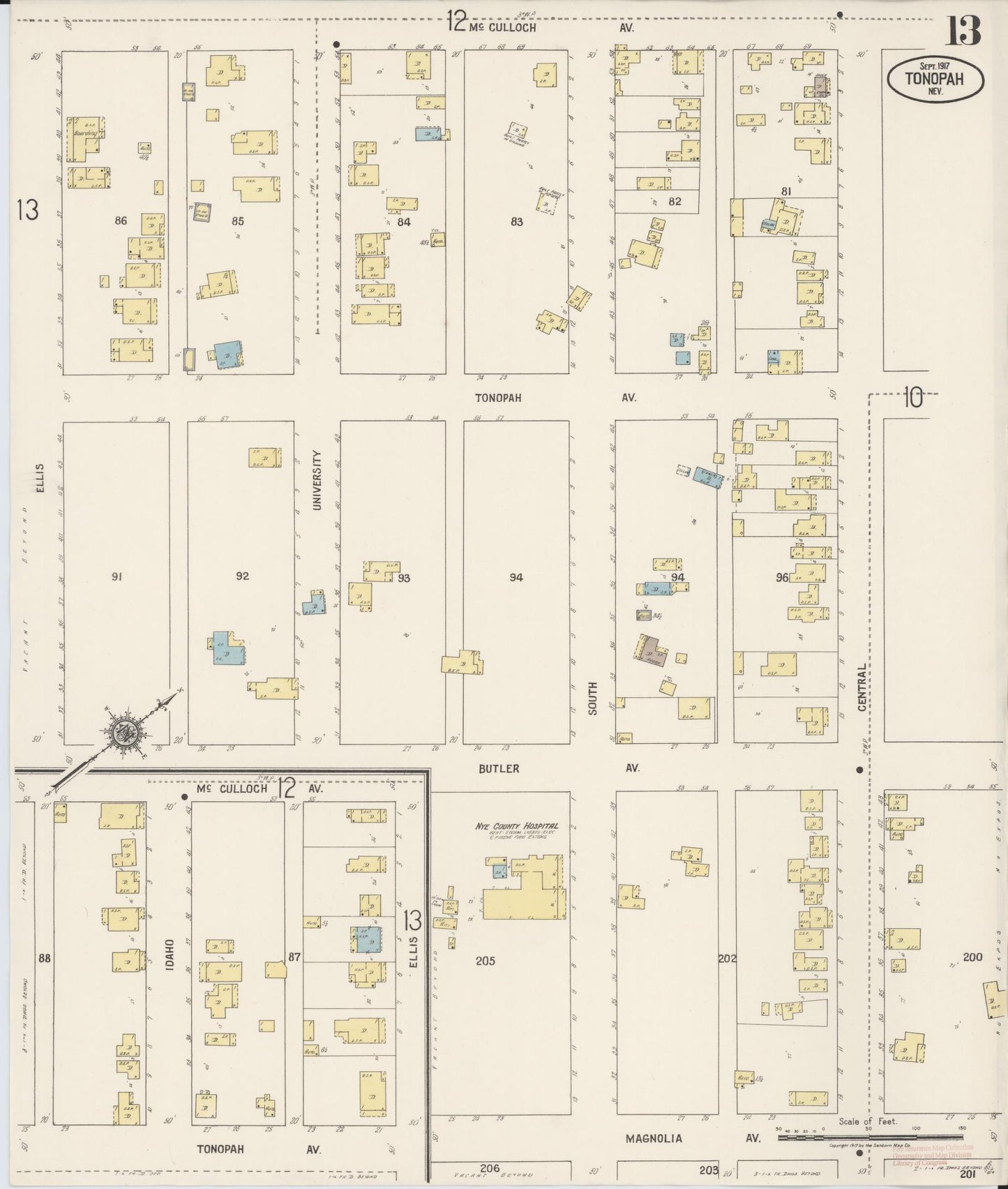 Sanborn Fire Insurance Map from Tonopah, Nye County, Nevada (1917), Sheet #0013 - Complete Map Set gallery image, historic Sanborn map, vintage wall art, Nevada Nevada