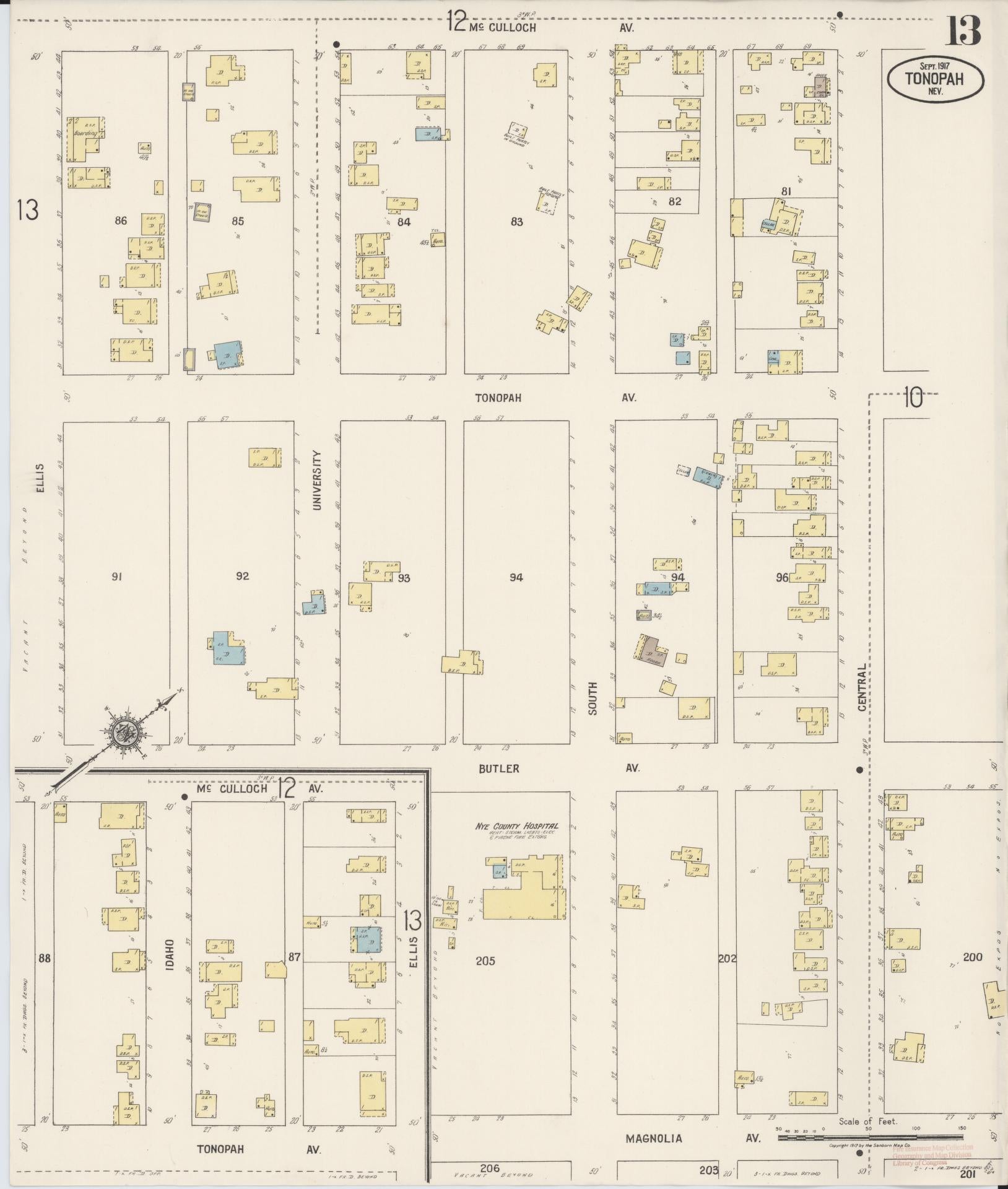 Sanborn Fire Insurance Map from Tonopah, Nye County, Nevada (1917), Sheet #0013 - Complete Map Set gallery image, historic Sanborn map, vintage wall art, Nevada Nevada