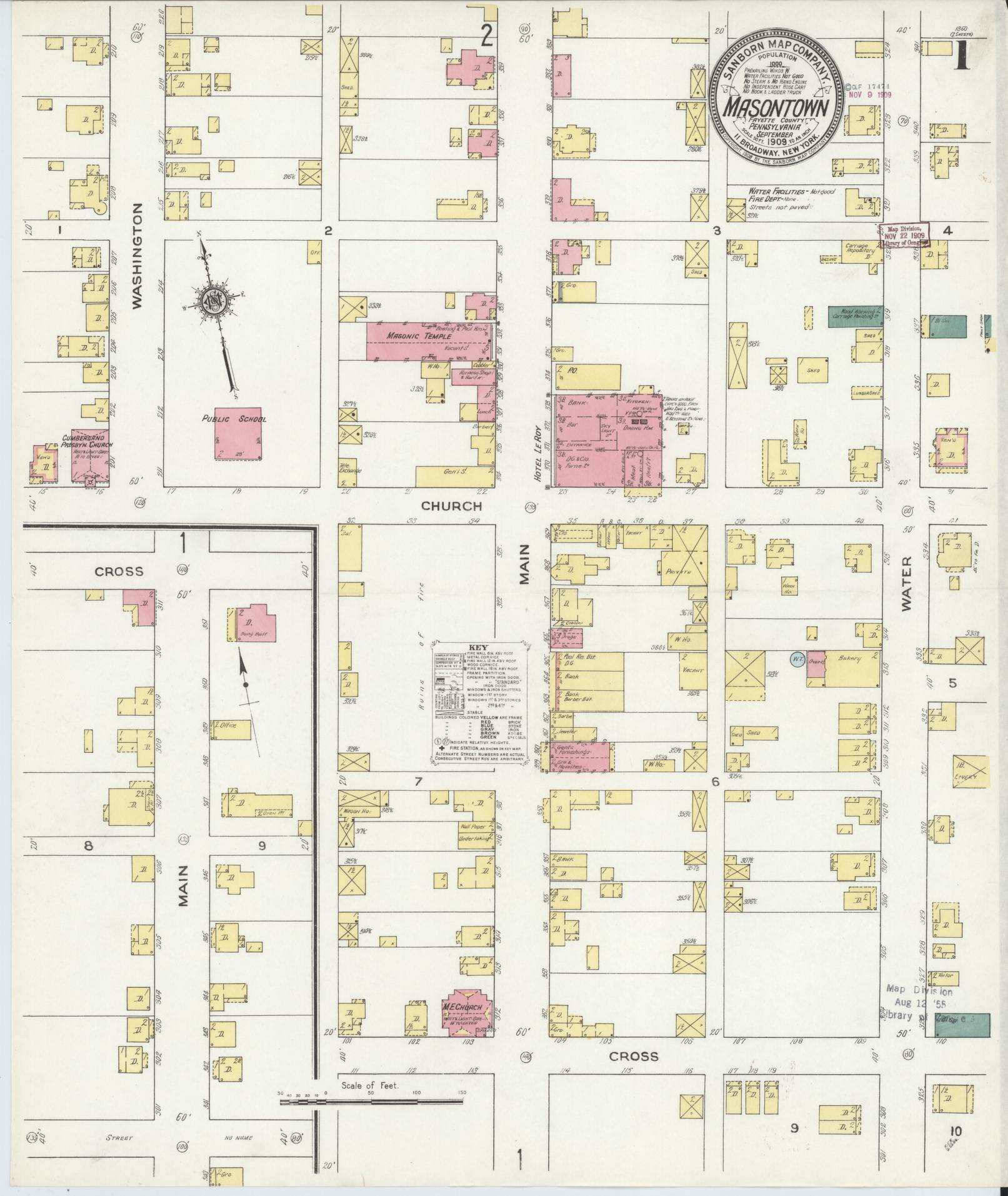 Sanborn Fire Insurance Map from Masontown, Fayette County, Pennsylvania (1909), Sheet #0001 - Complete Map Set gallery image, historic Sanborn map, vintage wall art, Pennsylvania Pennsylvania
