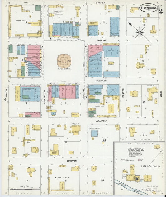 Sanborn Fire Insurance Map from Stephenville, Erath County, Texas (1902), Sheet #0002 - Historic Sanborn Fire Insurance Map Print, vintage old map wall art, antique decor, genealogy gift, Texas Texas map