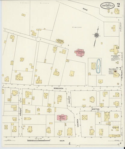 Sanborn Fire Insurance Map from Greenfield, Weakley County, Tennessee (1910), Sheet #0002 - Complete Map Set gallery image, historic Sanborn map, vintage wall art, Tennessee Tennessee