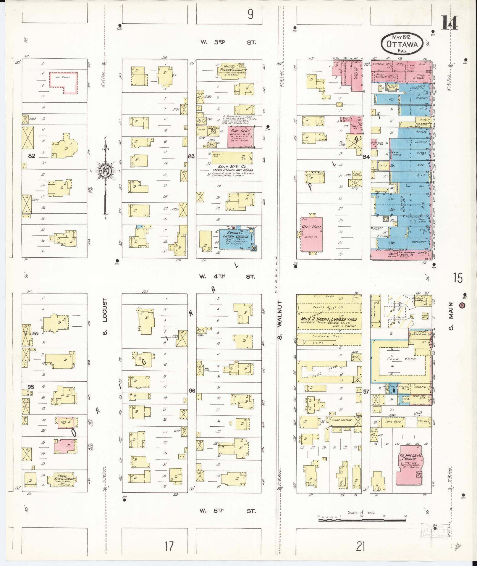 Sanborn Fire Insurance Map from Ottawa, Franklin County, Kansas (1912), Sheet #0014 - Complete Map Set gallery image, historic Sanborn map, vintage wall art, Kansas Kansas