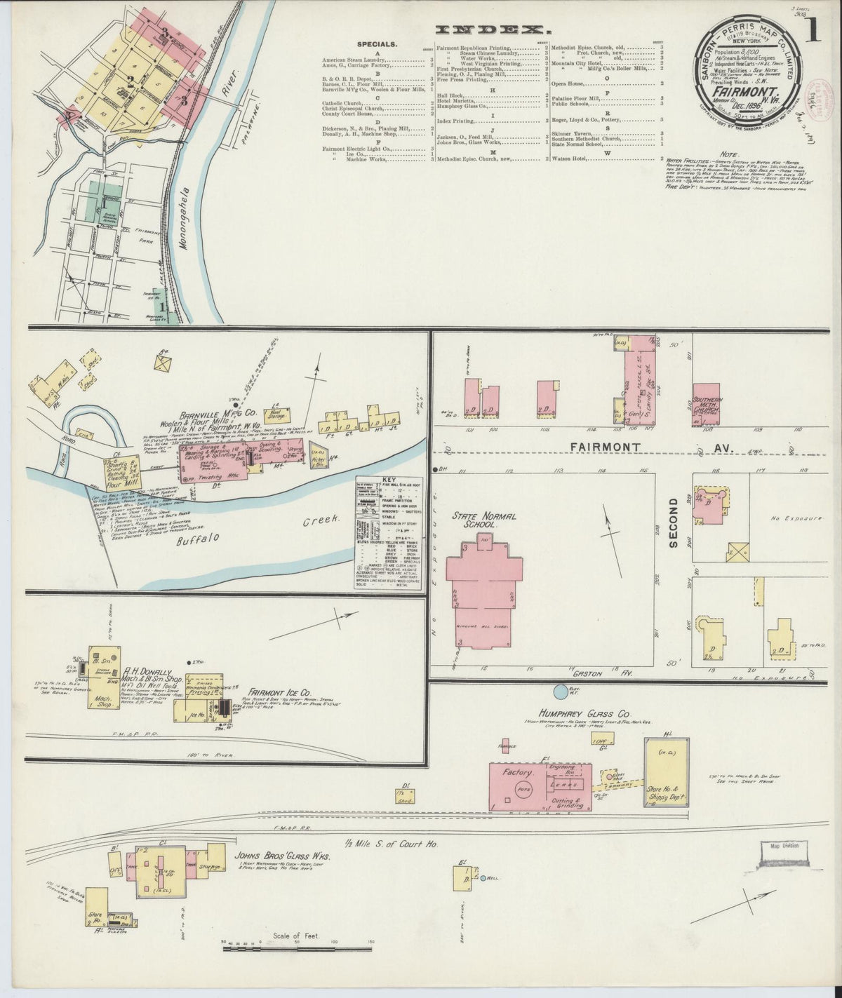 Sanborn Fire Insurance Map from Fairmont, Marion County, West Virginia (1896), Sheet #0001 - Historic Sanborn Fire Insurance Map Print, vintage old map wall art, antique decor, genealogy gift, West Virginia West Virginia map
