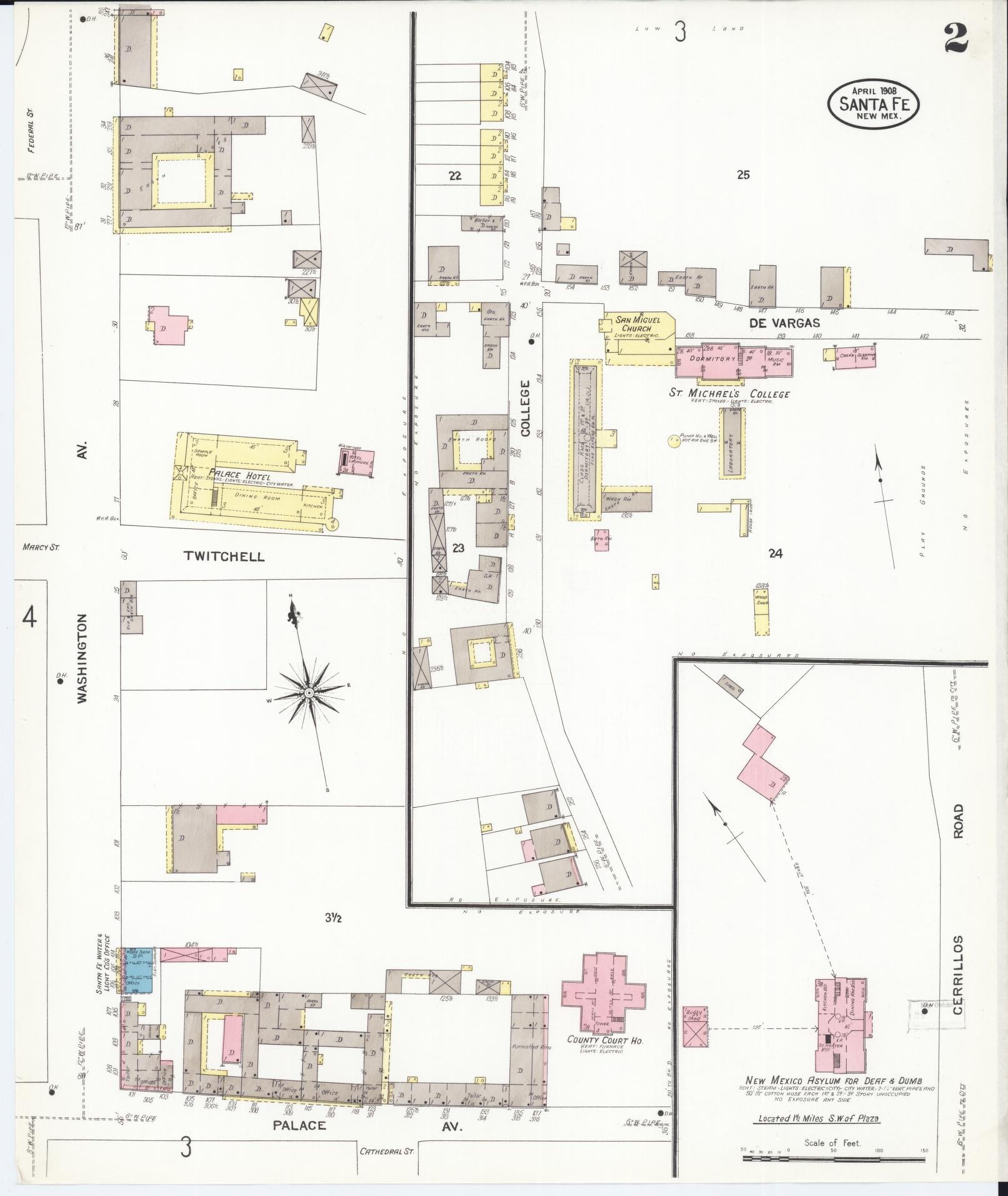 Sanborn Fire Insurance Map from Santa Fe, Santa Fe County, New Mexico (1908), Sheet #0002 - Complete Map Set gallery image, historic Sanborn map, vintage wall art, New Mexico New Mexico