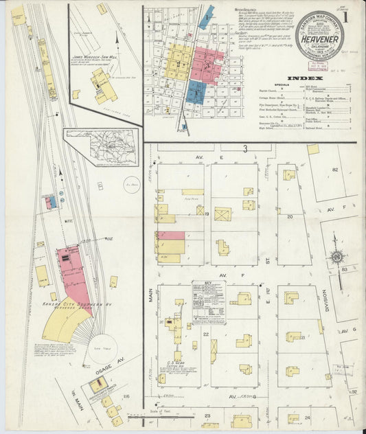 Sanborn Fire Insurance Map from Heavener, Le Flore County, Oklahoma (1913), Sheet #0001 - Complete Map Set gallery image, historic Sanborn map, vintage wall art, Oklahoma Oklahoma