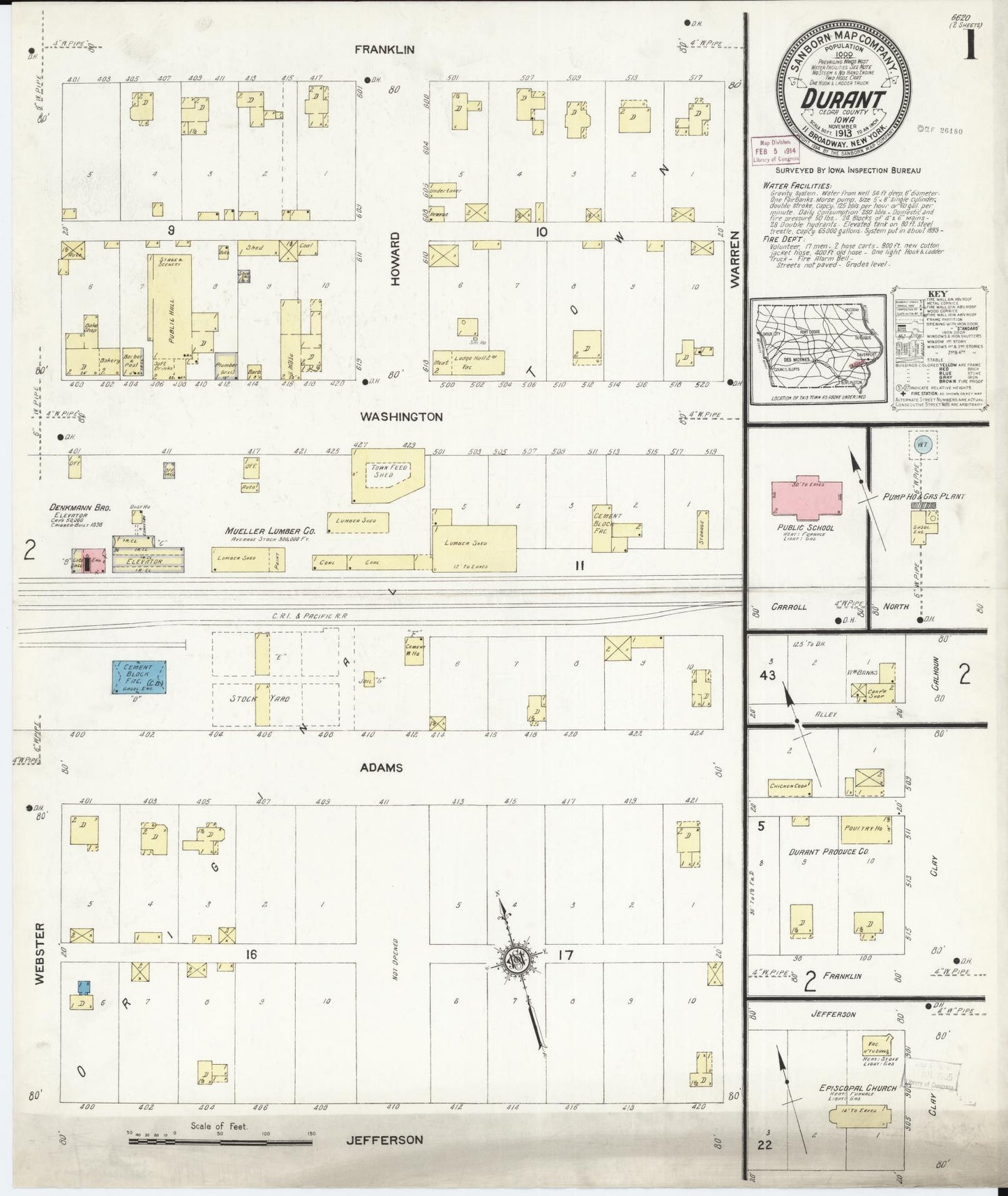Sanborn Fire Insurance Map from Durant, Cedar County, Iowa (1913), Sheet #0001 - Historic Sanborn Fire Insurance Map Print, vintage old map wall art