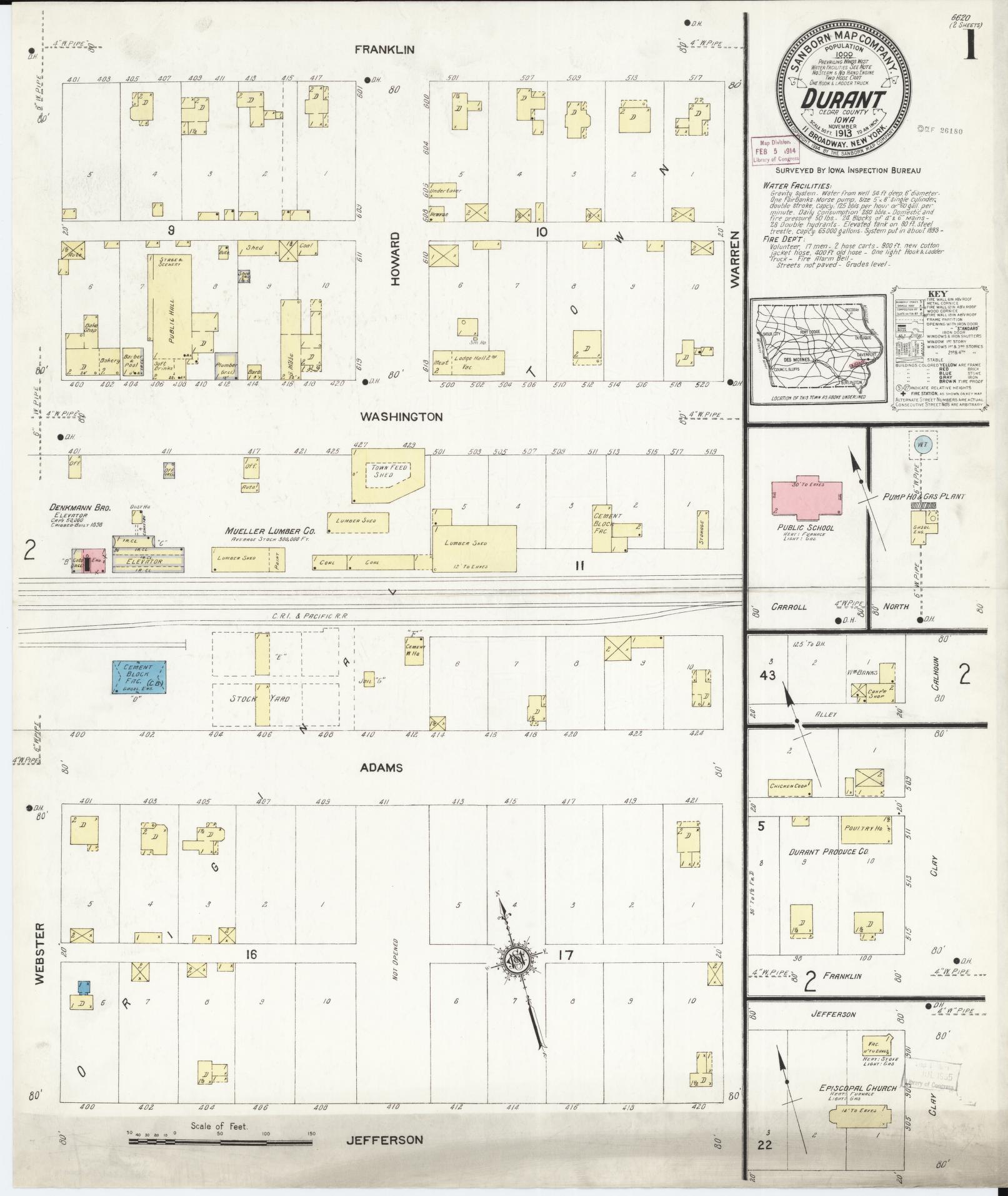 Sanborn Fire Insurance Map from Durant, Cedar County, Iowa (1913), Sheet #0001 - Historic Sanborn Fire Insurance Map Print, vintage old map wall art