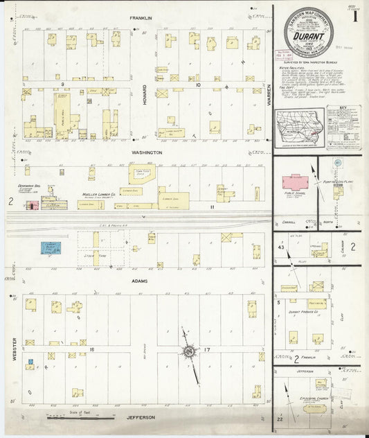 Sanborn Fire Insurance Map from Durant, Cedar County, Iowa (1913), Sheet #0001 - Historic Sanborn Fire Insurance Map Print, vintage old map wall art