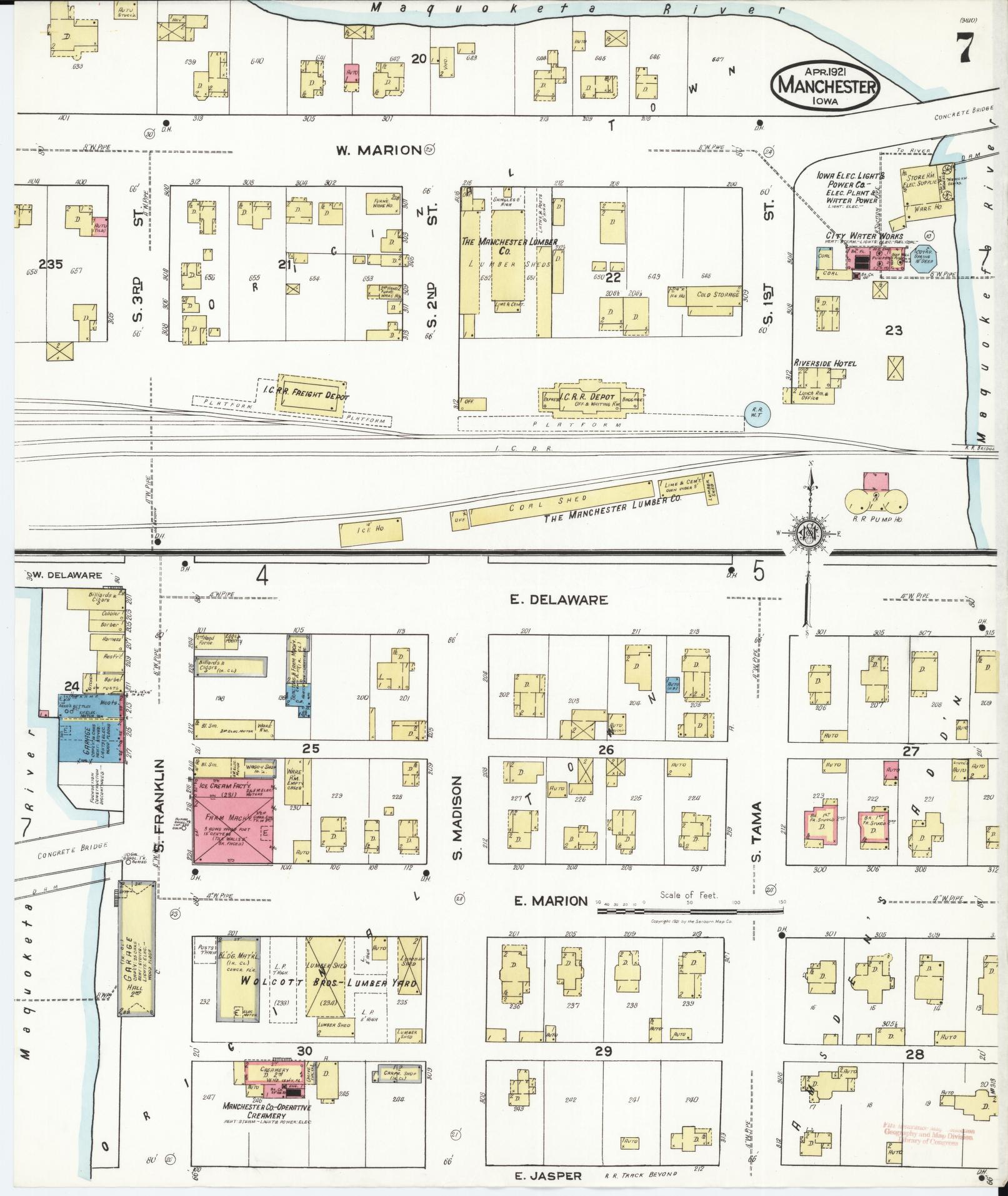 Sanborn Fire Insurance Map from Manchester, Delaware County, Iowa (1921), Sheet #0007 - Complete Map Set gallery image, historic Sanborn map, vintage wall art, Manchester Delaware