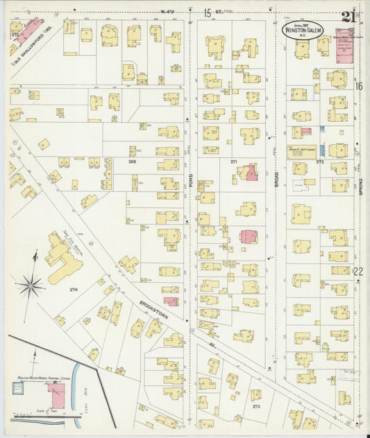 Sanborn Fire Insurance Map from Winston-Salem, Forsyth County, North Carolina (1907), Sheet #0021 - Historic Sanborn Fire Insurance Map Print, vintage old map wall art, antique decor, genealogy gift, North Carolina North Carolina map