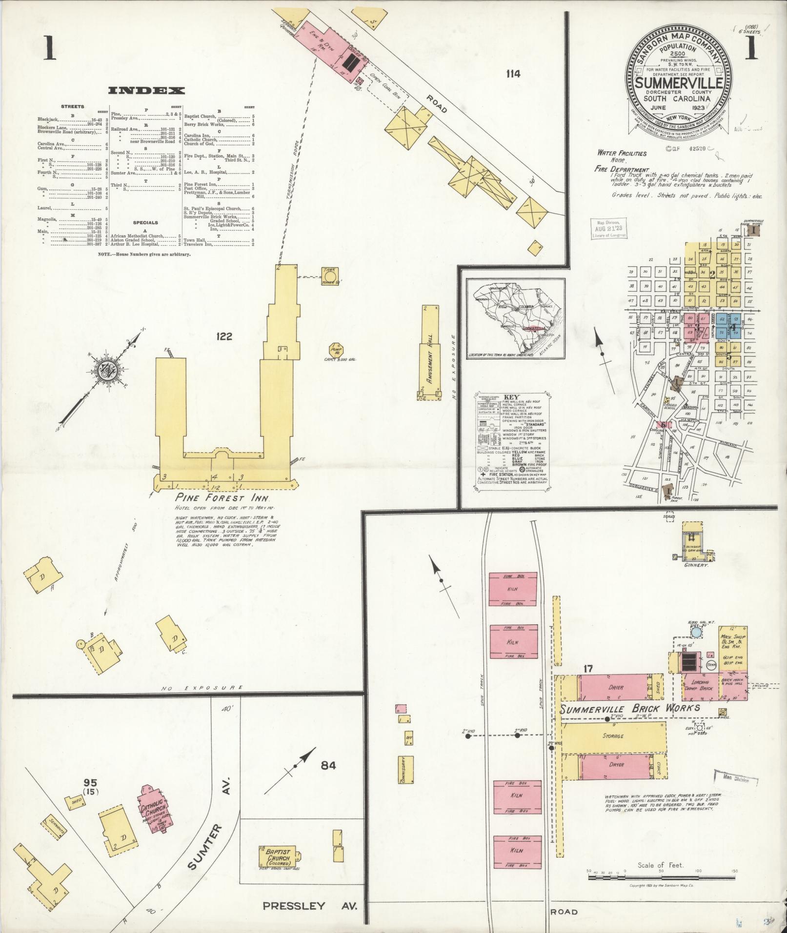 Sanborn Fire Insurance Map from Summerville, Dorchester County, South Carolina (1923), Sheet #0001 - Complete Map Set gallery image, historic Sanborn map, vintage wall art, South Carolina South Carolina