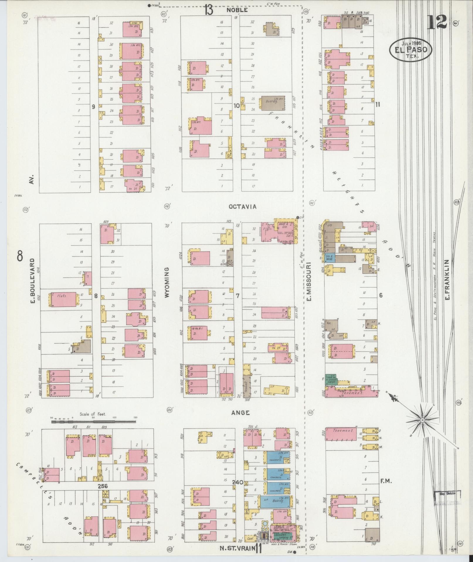 Sanborn Fire Insurance Map from El Paso, El Paso County, Texas (1905), Sheet #0012 - Complete Map Set gallery image, historic Sanborn map, vintage wall art, Texas Texas