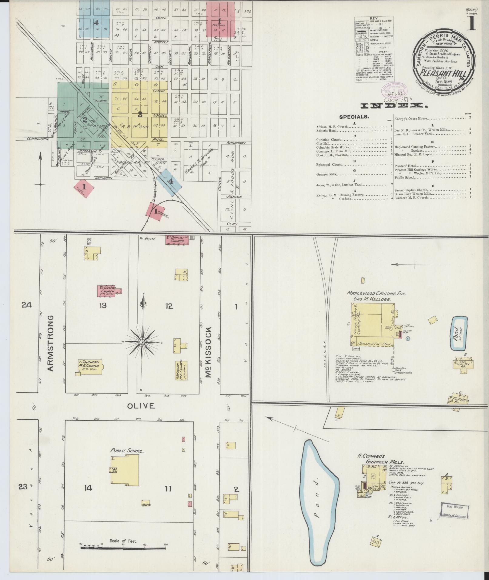 Sanborn Fire Insurance Map from Pleasant Hill, Cass County, Missouri (1893), Sheet #0001 - Historic Sanborn Fire Insurance Map Print, vintage old map wall art, antique decor, genealogy gift, Missouri Missouri map