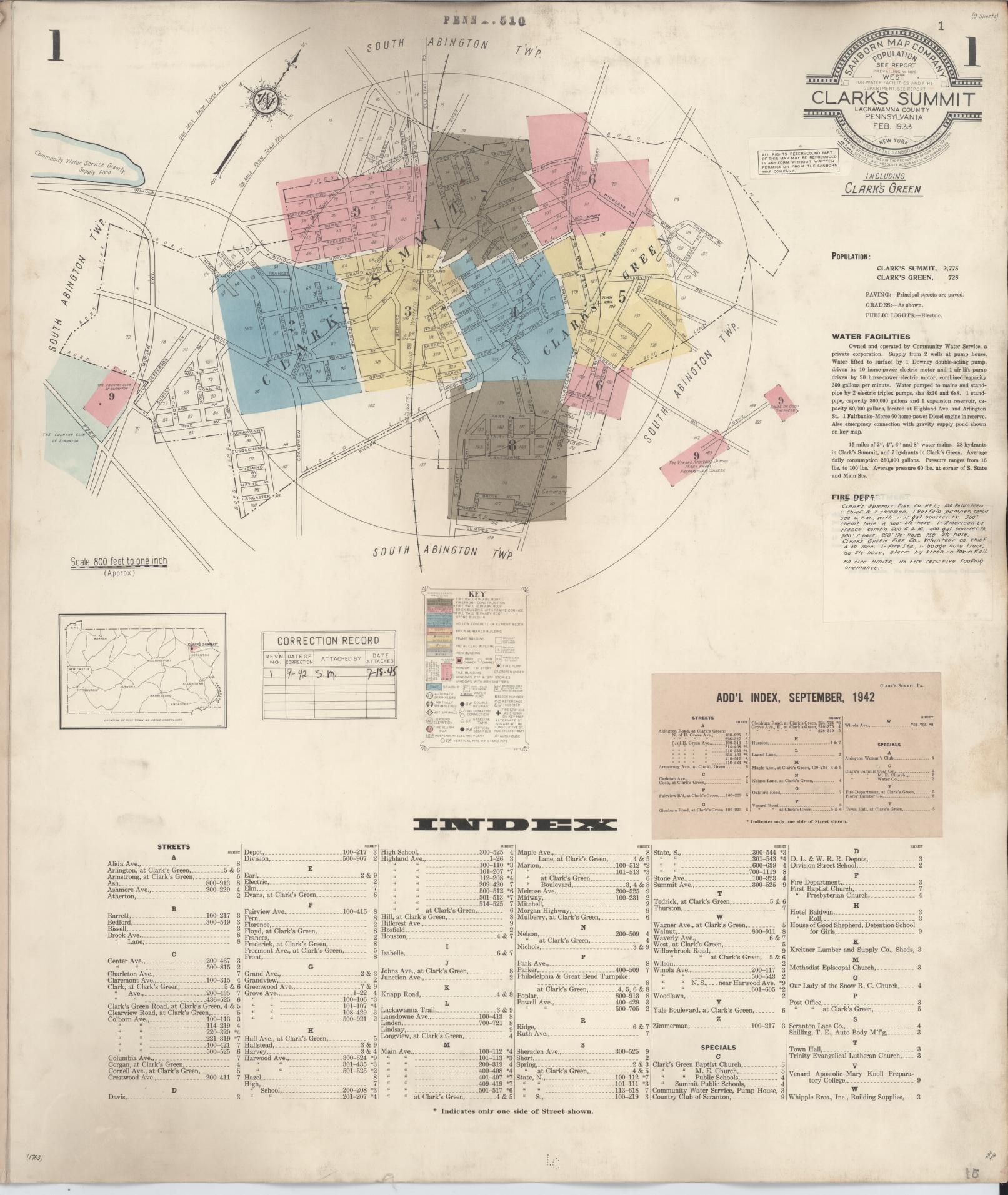 Sanborn Fire Insurance Map from Clark's Summit, Lackawanna County, Pennsylvania (1942), Sheet #0001 - Historic Sanborn Fire Insurance Map Print, vintage old map wall art, antique decor, genealogy gift, Pennsylvania Pennsylvania map
