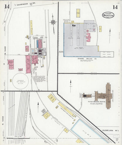 Sanborn Fire Insurance Map from Waukegan, Lake County, Illinois (1924), Sheet #0014 - Complete Map Set gallery image, historic Sanborn map, vintage wall art, Illinois Illinois