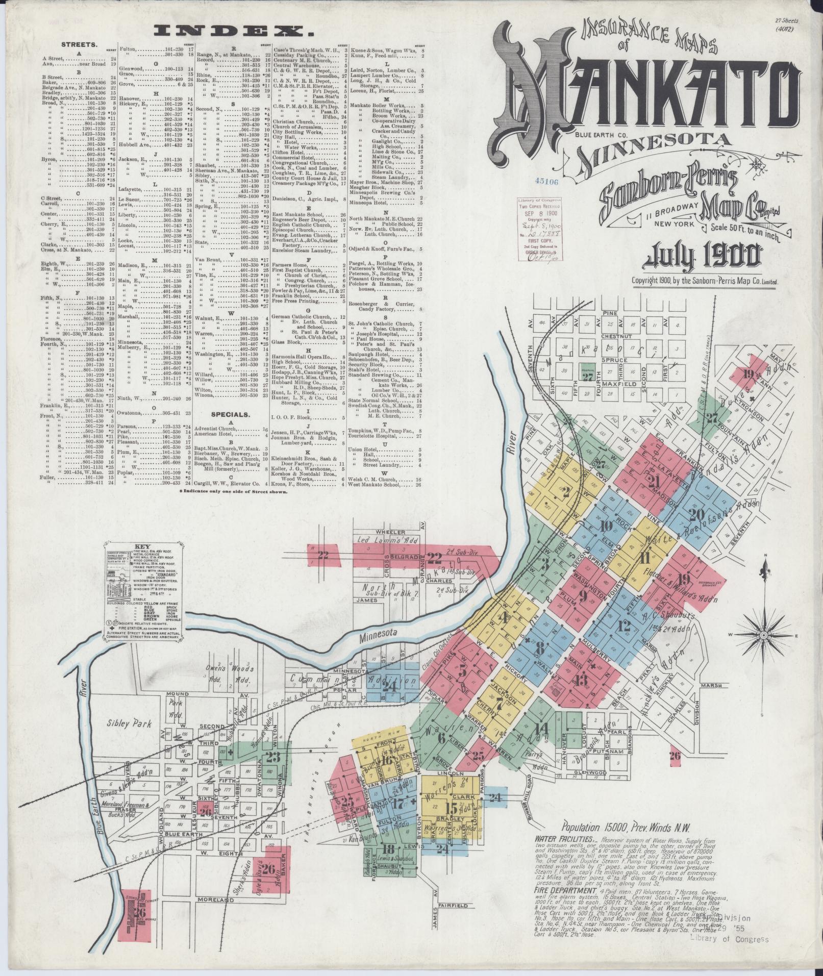 Sanborn Fire Insurance Map from Mankato, Blue Earth County, Minnesota (1900), Sheet #0001 - Historic Sanborn Fire Insurance Map Print, vintage old map wall art, antique decor, genealogy gift, Minnesota Minnesota map