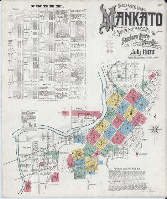 Sanborn Fire Insurance Map from Mankato, Blue Earth County, Minnesota (1900), Sheet #0001 - Historic Sanborn Fire Insurance Map Print, vintage old map wall art, antique decor, genealogy gift, Minnesota Minnesota map