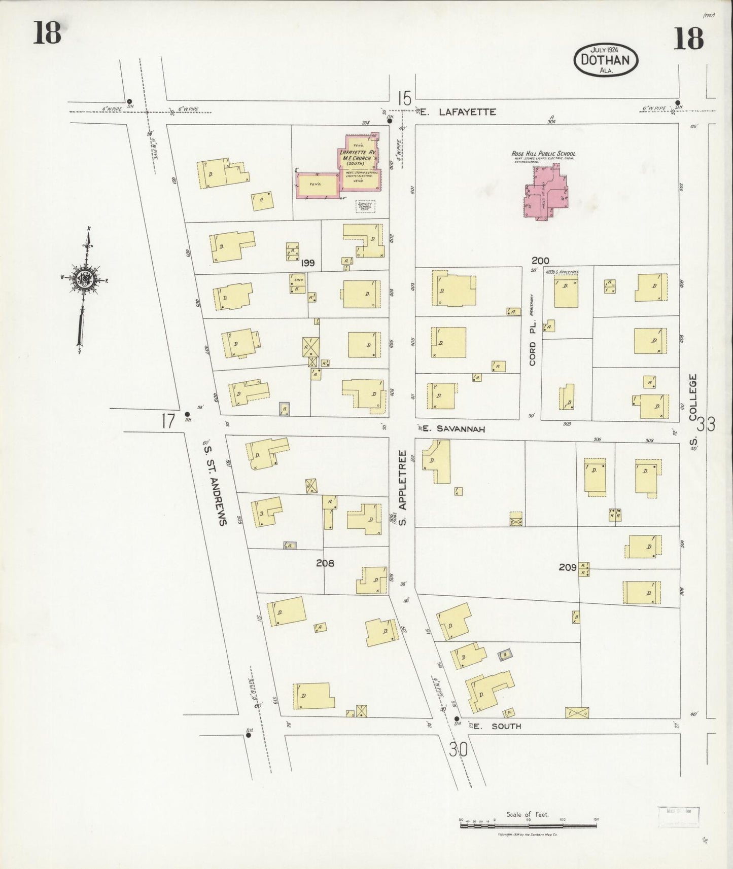 Sanborn Fire Insurance Map from Dothan, Houston County, Alabama (1924), Sheet #0018 - Historic Sanborn Fire Insurance Map Print, vintage old map wall art, antique decor, genealogy gift, Alabama Alabama map
