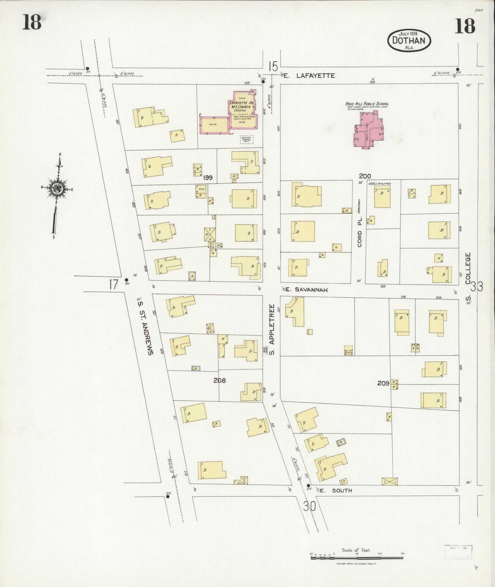 Sanborn Fire Insurance Map from Dothan, Houston County, Alabama (1924), Sheet #0018 - Historic Sanborn Fire Insurance Map Print, vintage old map wall art, antique decor, genealogy gift, Alabama Alabama map