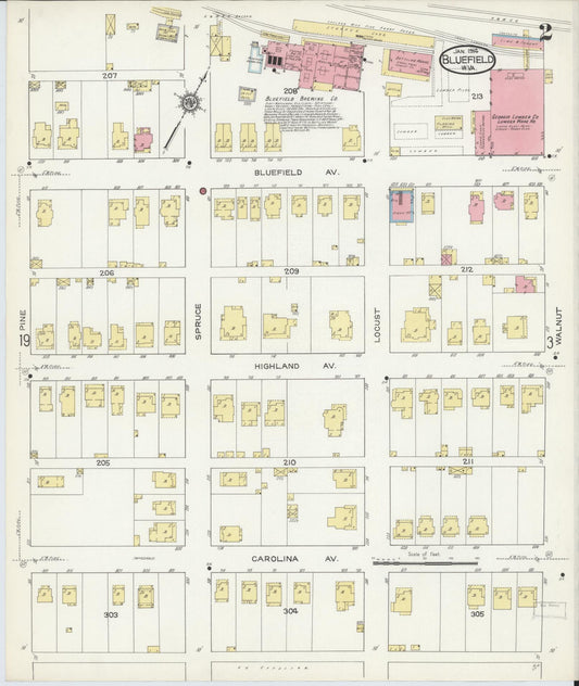 Sanborn Fire Insurance Map from Bluefield, Mercer County, West Virginia (1914), Sheet #0002 - Historic Sanborn Fire Insurance Map Print, vintage old map wall art, antique decor, genealogy gift, West Virginia West Virginia map
