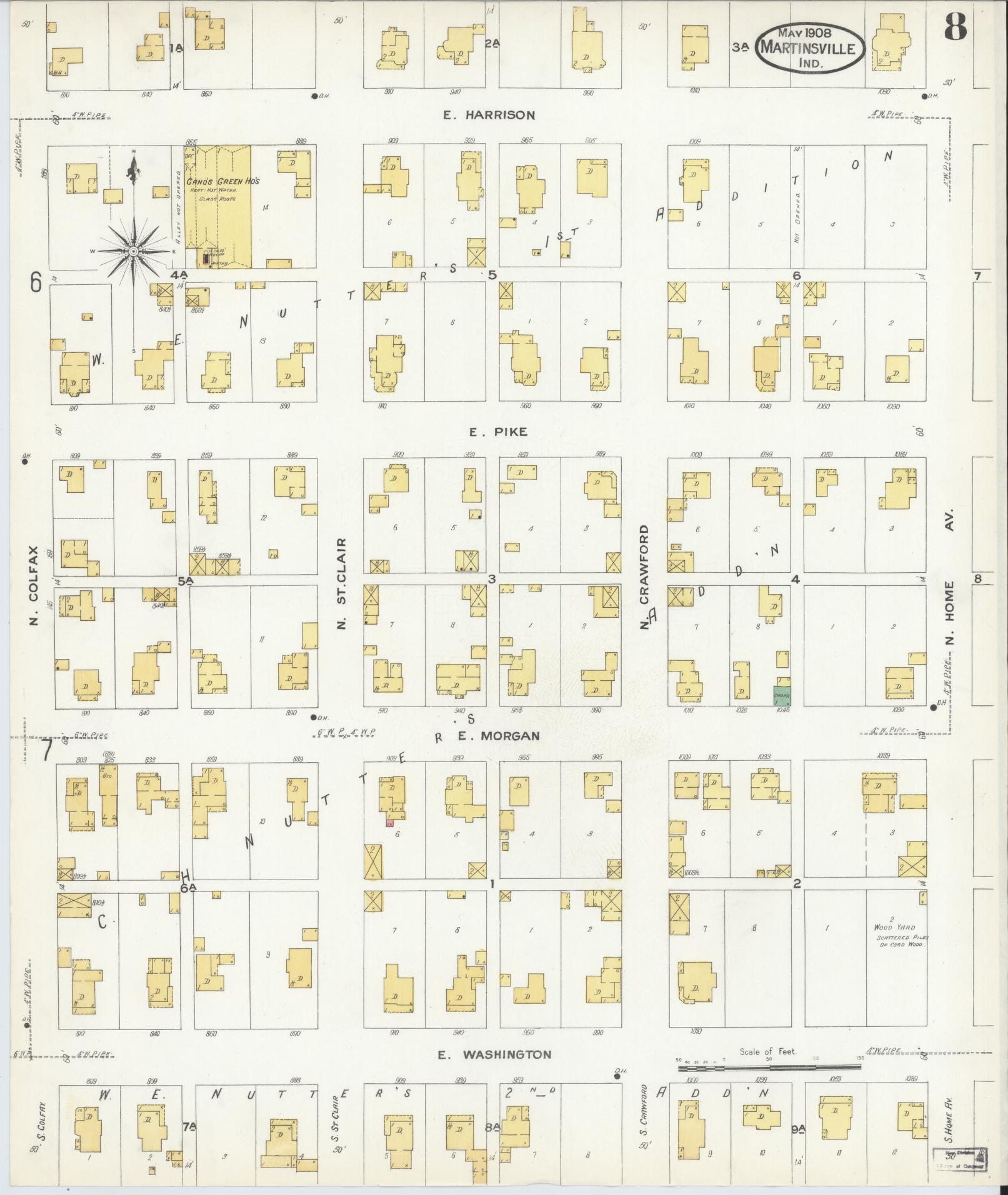 Sanborn Fire Insurance Map from Martinsville, Morgan County, Indiana (1908), Sheet #0008 - Complete Map Set gallery image, historic Sanborn map, vintage wall art, Indiana Indiana