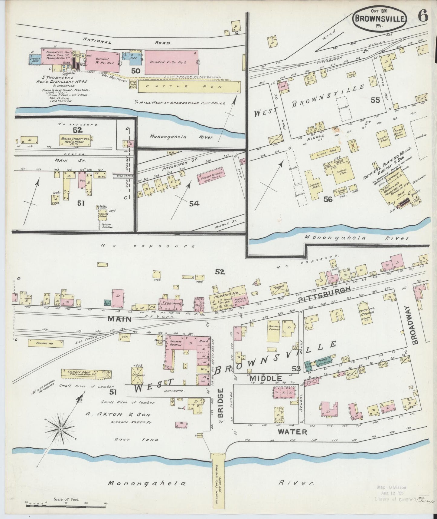 Sanborn Fire Insurance Map from Brownsville, Fayette County, Pennsylvania (1891), Sheet #0006 - Historic Sanborn Fire Insurance Map Print, vintage old map wall art, antique decor, genealogy gift, Pennsylvania Pennsylvania map