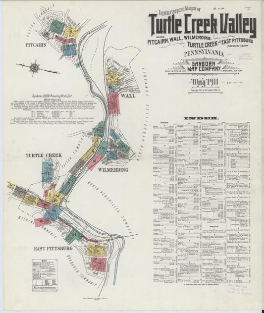 Sanborn Fire Insurance Map from Turtle Creek Valley, Allegheny County, Pennsylvania (1911), Sheet #0001 - Historic Sanborn Fire Insurance Map Print, vintage old map wall art, antique decor, genealogy gift, Pennsylvania Pennsylvania map