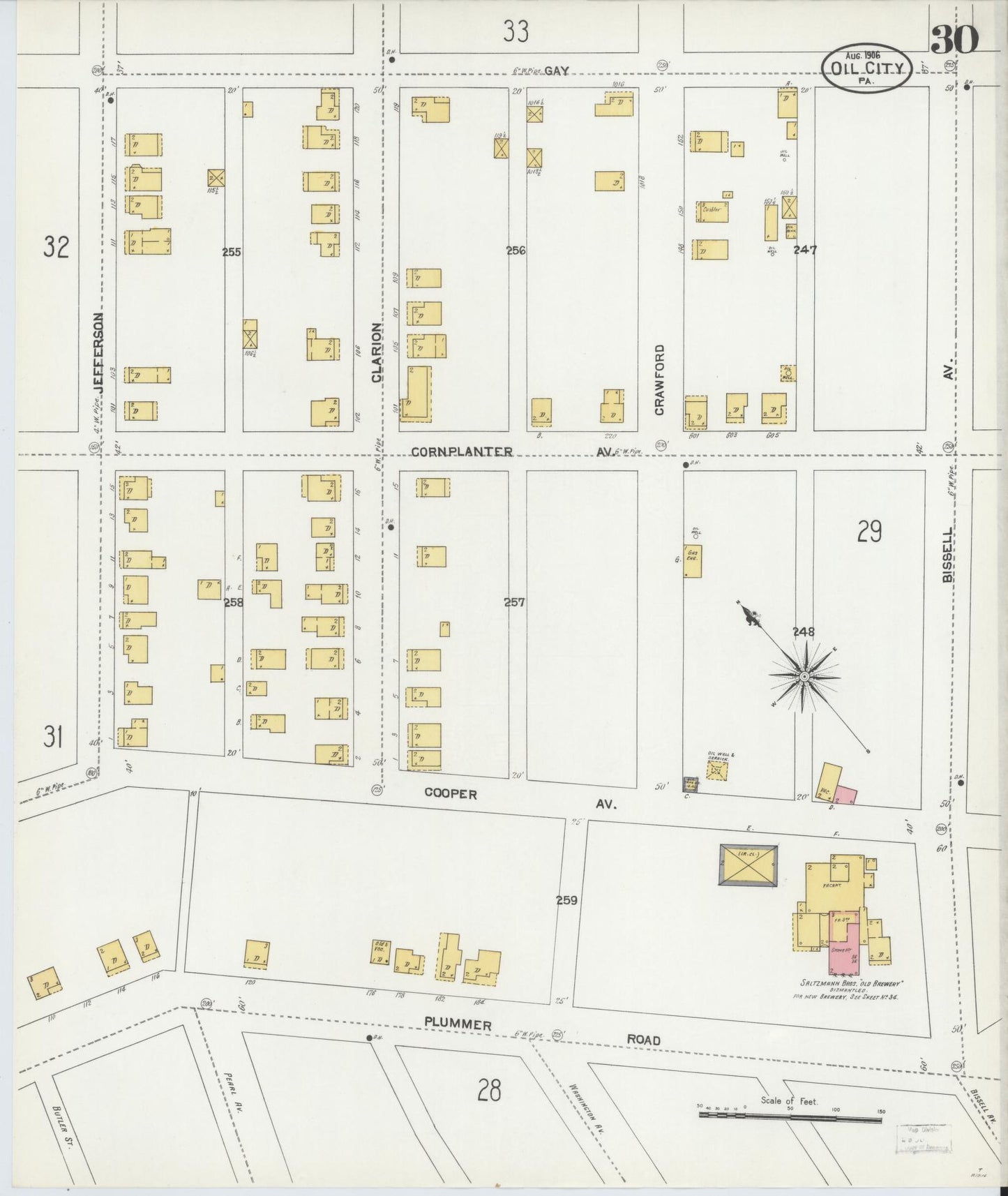 Sanborn Fire Insurance Map from Oil City, Venango County, Pennsylvania (1906), Sheet #0030 - Historic Sanborn Fire Insurance Map Print, vintage old map wall art, antique decor, genealogy gift, Pennsylvania Pennsylvania map