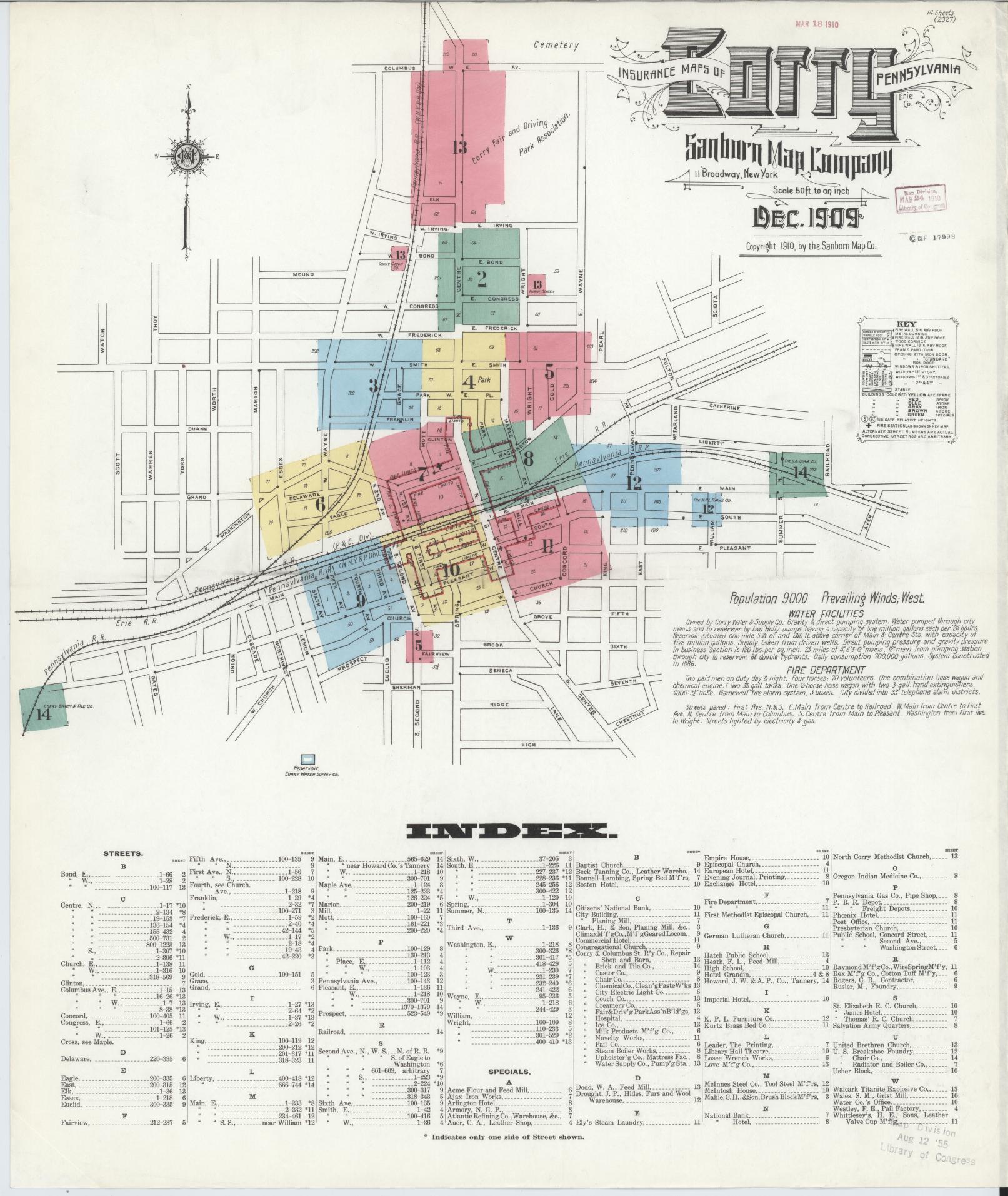 Sanborn Fire Insurance Map from Corry, Erie County, Pennsylvania (1909), Sheet #0001 - Historic Sanborn Fire Insurance Map Print, vintage old map wall art, antique decor, genealogy gift, Pennsylvania Pennsylvania map